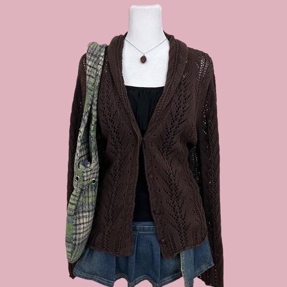 brown whimsygoth granola fairy grunge pointelle knit cardigan - Picture 1 of 8